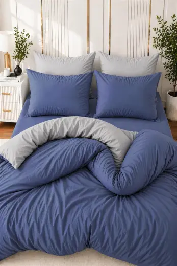 More Home Tek Kişilik Nevresim Takımı Lastikli Çarşaflı Mavi Gri