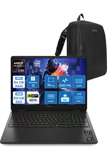 Omen 16-AP0012NT Ryzen 9 365 64GB 512GB SSD RTX5070 8gb 16Inç W11PRO C12CGEAP31+Zetta Çanta