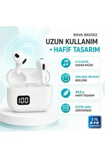 BKG502 Bluetooth 5.3 TWS Kablosuz Kulaklık – Dijital Şarj Göstergeli, Beyaz