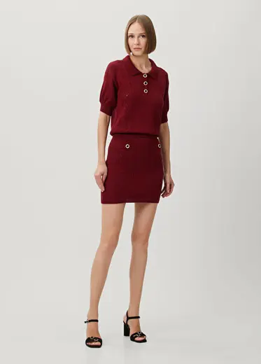 Bordo Mini Yün Triko Etek