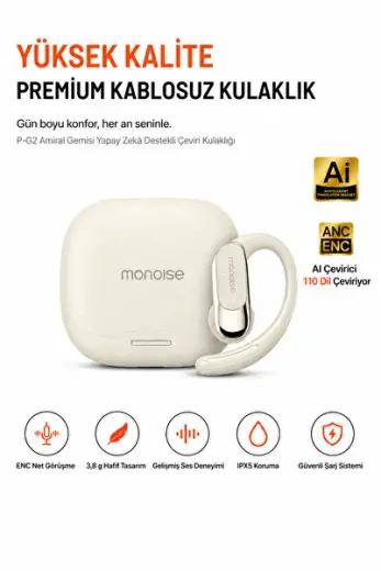 Monoise P-G2 Kadın Erkek Yapay Zekâ Destekli Dil Çeviri Kulaklığı, ANC + ENC Gürültü Engelleme, 3,8 g Hafif Açık Kulak Tasarım, Kablosuz Bluetooth Kulaklık, Mikrofonlu TWS Şarj Kutulu Premium Kulaklık