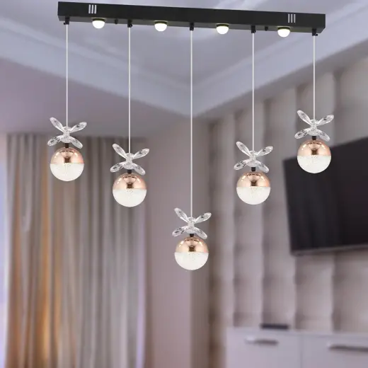 Apliqa Lokken 5'li Sıralı Bakır 42 Watt Kristal Ledli Modern Oturma Odası Salon Sarkıt Avize