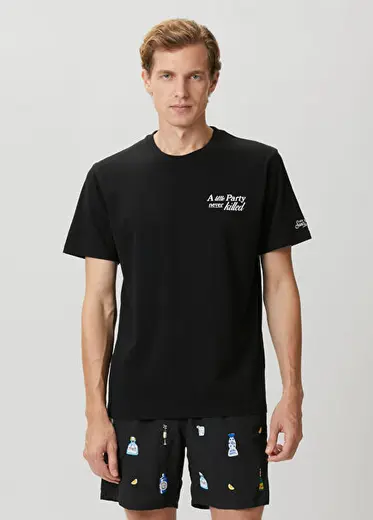 Siyah Slogan Baskılı T-shirt
