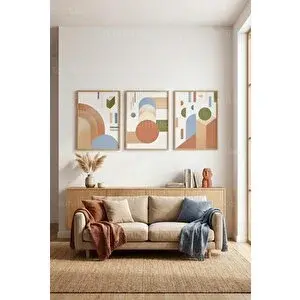 Tontilika Soyut Geometrik Toprak Tonları 3’lü Ahşap Çerçeveli Tablo Seti 30x42 cm