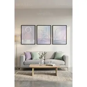 Tontilika Pastel Minimalist Soyut Geometrik 3’lü Ahşap Çerçeveli Tablo Seti 50 x 70 cm