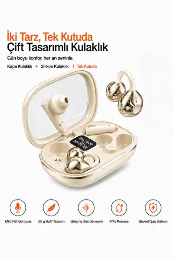 Küpe + Silikon Kulaklık J98 Çift Tasarımlı Kablosuz Bluetooth Kulaklık, Tek Şarj Kutusunda, ENC Mikrofon, Dijital Şarj Göstergesi, Dokunmatik Kontrol, IPX5