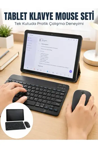 SIM Kartlı Android Tablet Bluetooth Klavye Kablosuz Mouse Geniş Ekran ve Taşınabilir Kullanım Seti -