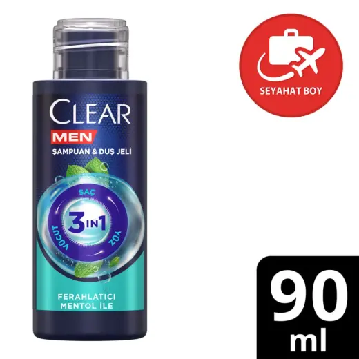 Clear Men 3in1 Ferahlatıcı Mentol Seyahat Boy Şampuan & Duş Jeli 90 ml