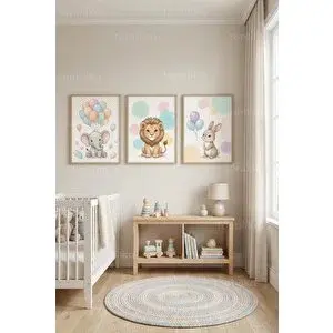 Tontilika Pastel Sevimli Hayvanlar Temalı 3’lü Ahşap Çerçeveli Tablo Seti 21x30 cm