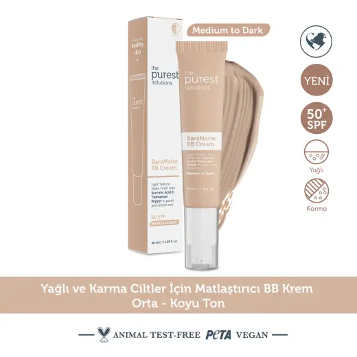 The Purest Solutions Yağlı ve Karma Ciltler İçin Matlaştırıcı BB Krem 50+SPF 40 ml (Orta-Koyu Ton)