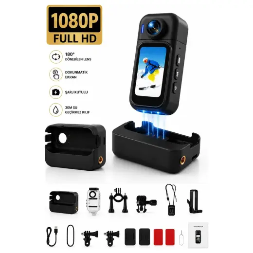 Robeve 1080P Full Hd Mini Aksiyon Kamerası Şarj Kutulu Powerbankli 180° Dönebilen Lensli Dokunmatik Ekranlı Wifi Destekli Manyetik Taşınabilir Vlog ve Spor Kamerası Su Geçirmez Muhafaza Aksesuar Setli