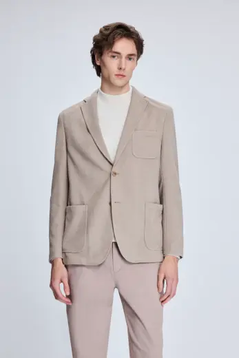 Bej Comfort Fit Desenli Mono Yaka Klasik Ceket