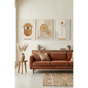 Tontilika Bohem Toprak Tonları Soyut Güneş 3’lü Ahşap Çerçeveli Tablo Seti 30x42 cm