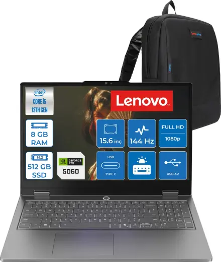 Lenovo Loq Essential Intel Core 13450HX 8 gb 512 GB SSD 8 GB/RTX5060/65W 15.6" Fhd IPS 100% Srgb 144Hz Freedos Gaming Bilgisayar 83SC000TTRF59 + Zettaçanta
