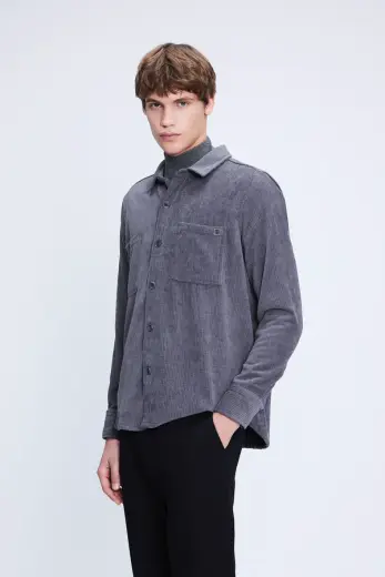 Gri Regular Fit Shacket Uzun Kollu Fitilli Kadife Gömlek