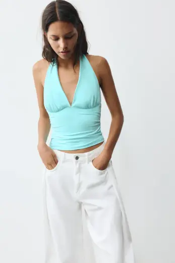 Halter yaka büzgülü top