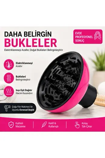 Profesyonel Fön Makinesi Vigo Başlığı - Hacimli ve Belirgin Kıvırcık Saçlar İçin Evrensel Difüzör (PEMBE)