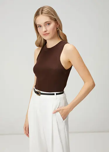Kahverengi Floş Basic Triko Atlet