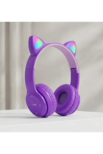 RGB Led Işıklı Kedi Kulaklı Kablosuz Bluetooth Kulaklık Mikrofona Sahip Katlanabilir Kulak Üstü Çocuk ve Yetişkin Kulaklığı Mobil Yaşam Seti Uyumlu