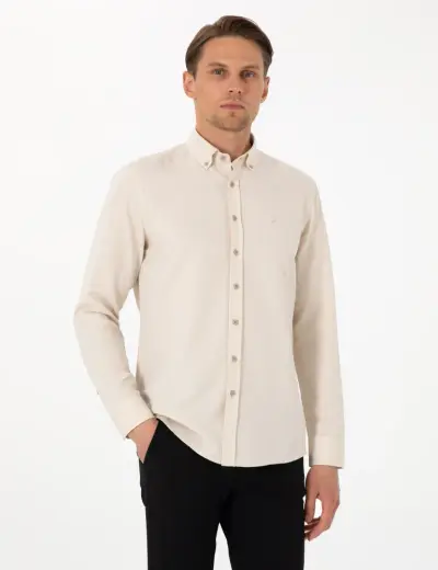 Bej Oxford Slim Fit Kolay Ütülenebilir Gömlek