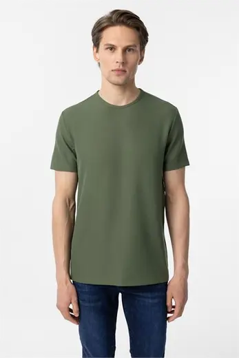Koyu Haki Slim Fit Armürlü Bisiklet Yaka Tişört