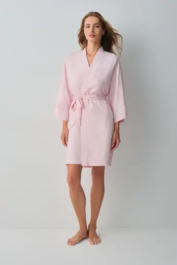 Pembe Floral Dantelli Kısa Sabahlık