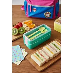 Diğer Miniso Lisanslı Çizgili Çift Katmanlı Beslenme Çantası Yeşil 750 Ml