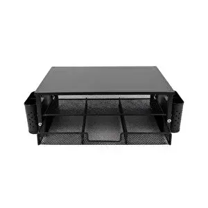 Temel Siyah Ahşap Üst Tablalı Metal Mesh Monitör Yükseltici Stand Çekmeceli Kalemlikli Masaüstü Organizer 9214