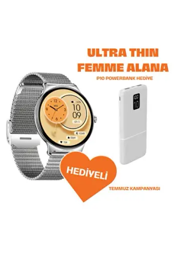 Powerbank Hediyeli Ultra Thin Femme Akıllı Saat Yuvarlak Çelik Kasa Metal Kordon Gümüş