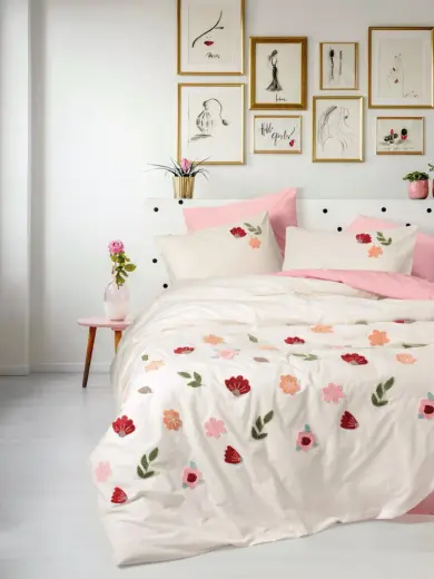 Puff Nakışlı Çift Kişilik Nevresim Takımı Blossom Somon