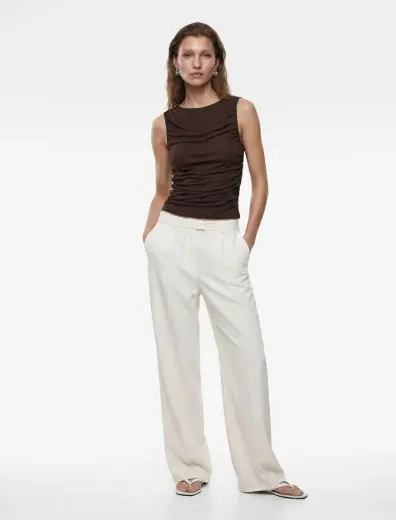 Skinny Fit Bisiklet Yaka Drapeli Kolsuz Tül Bluz