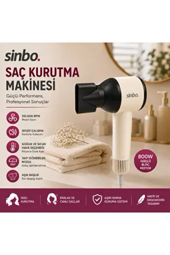 Sinbo Saç Kurutma Makinesi - Pembe Renk - 3 Kademeli Hız ve Sıcaklık