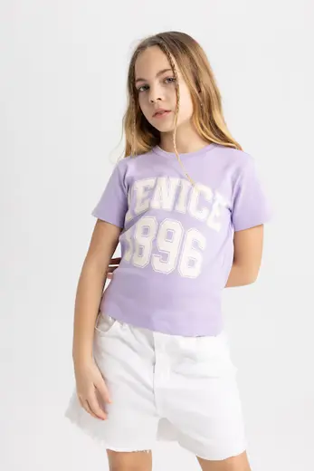 Slim Fit Baskılı Fitilli Tişört Kız Çocuk