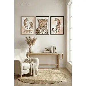 Tontilika Stilize Leopar Sanatı 3’lü Ahşap Çerçeveli Tablo Seti 50 x 70 cm