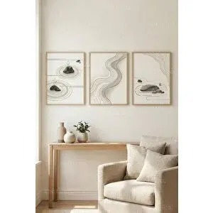 Tontilika Sakin Ve Minimalist Zen Bahçesi 3’lü Ahşap Çerçeveli Tablo Seti 21x30 cm