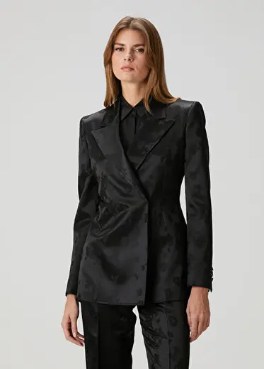 Siyah Çiçek Jakarlı İpek Saten Blazer