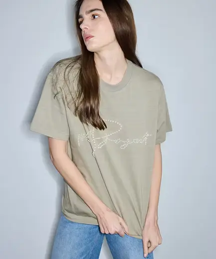 Sloganlı suni incili tişört