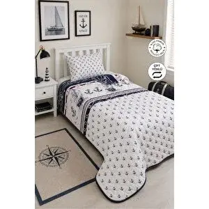 Vionel Home %100 Pamuk Kapitone Yatak Örtüsü Tek Kişilik | Gemici Desenli 160x220 Cm + 1 Adet Yastık Kılıfı
