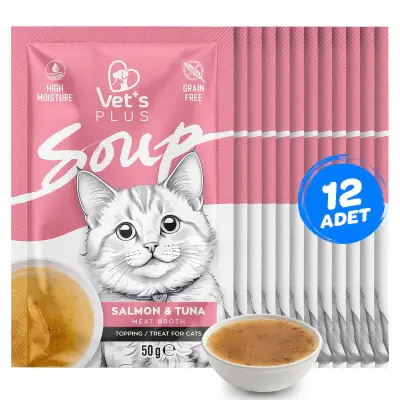 Vet's Plus Somonlu ve Ton Balıklı Tahılsız Kedi Çorbası 50gr (12 Adet)