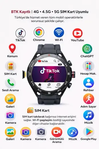 Sim Kartlı BTK Kayıtlı Android Akıllı Saat Wi-Fi Paylaşma Sosyal Medya, Oyun, GPS Android İşletim Sistemi Akıllı Saat