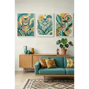 Tontilika Tropikal Kedi Sanatı 3’lü Ahşap Çerçeveli Tablo Seti 50 x 70 cm