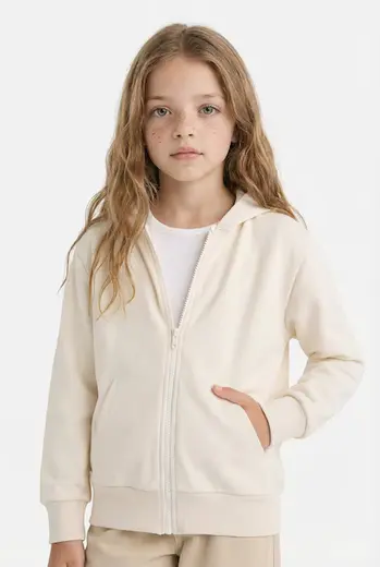 Regular Fıt Basic Kapüşonlu Fermuarlı Sweatshirt Kız Çocuk