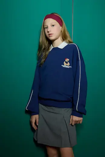 Oversize Geniş Kalıp Bisiklet Yaka Baskılı Sweatshirt Kız Çocuk