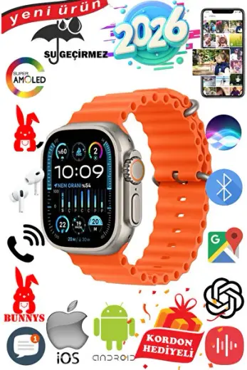 Apple iPhone 17 PRO MAX Uyumlu Su Geçirmez Akıllı Saat Ultra 49MM Kordon Hediyeli 4GB Amoled Ekran