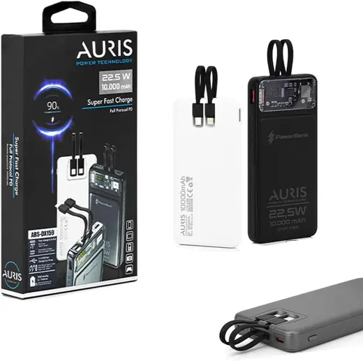Auris Dx159 10.000 mAh 22.5W Çift Girişli Süper Hızlı Taşınabilir Şarj Aleti Powerbank, Beyaz