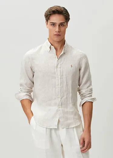 Custom Fit Bej Çizgi Desenli Keten Gömlek