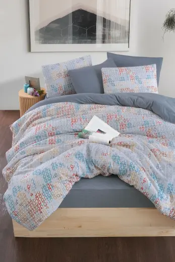Mystory Home Lastikli Çarşaflı Çift Kişilik Nevresim Takımı Maps Füme - Mavi