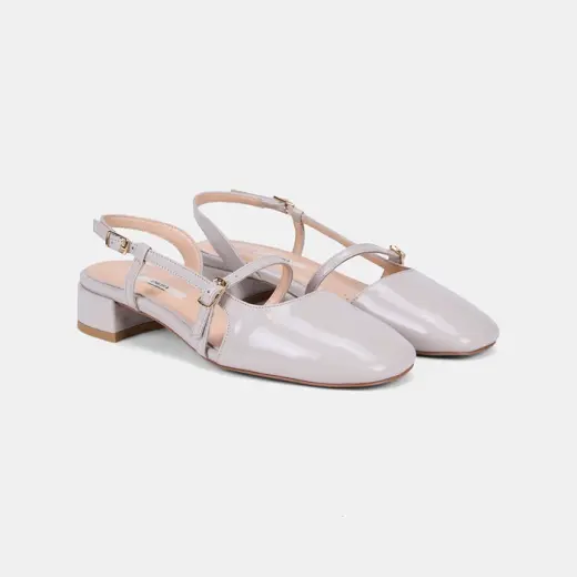 Kadın Bej İnce Bantlı Slingback Kısa Topuklu Rugan Deri Ayakkabı