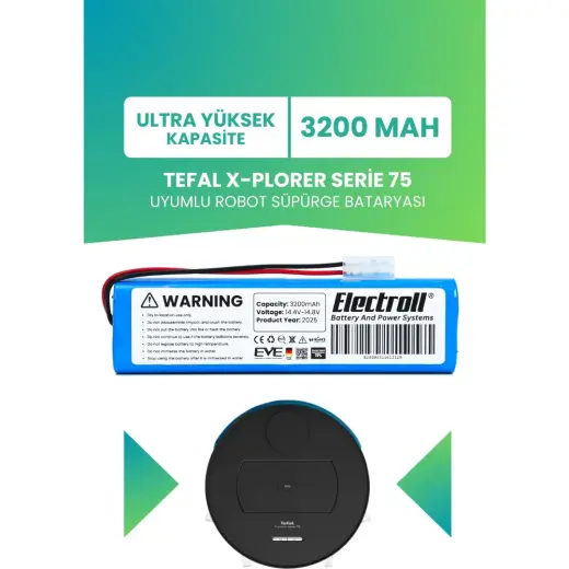 Electroll Tefal X-Plorer Serie 75 Uyumlu Batarya (Ultra Yüksek Kapasite) 3200 MAH Pil Robot Süpürge Bataryası RG7675