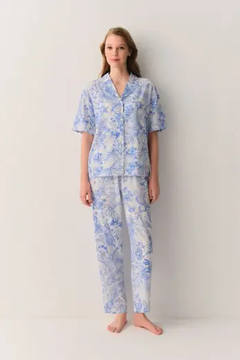Mavili Elite Pamuklu Gömlek Yaka Pijama Takımı